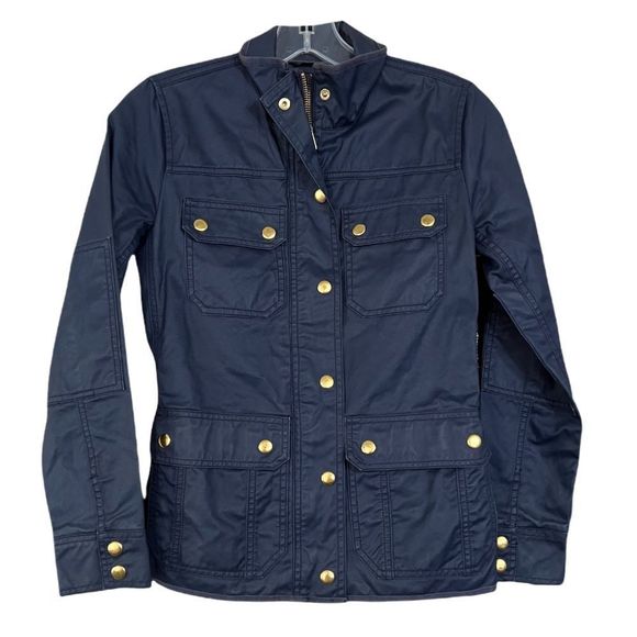 J Crew Navy Blue Gold Snap Waxed Utility Rain Jacket Sz XXS EUC - Picture 3 of 13